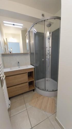 une salle de bain avec douche et lavabo dans l'établissement Maison près de la plage, à Lancieux