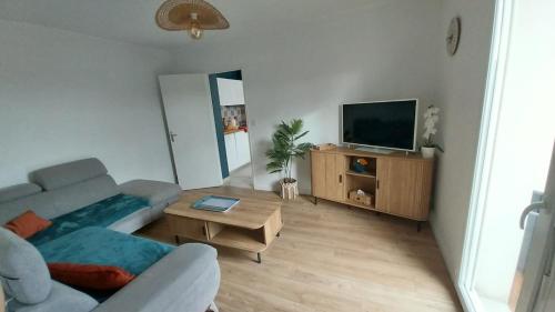 salon z kanapą i telewizorem w obiekcie Maison près de la plage w mieście Lancieux
