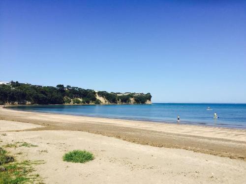 a sandy beach with people swimming in the water at Majestic Palm Cove in Auckland