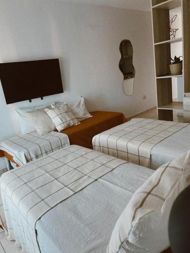 a room with two beds and a tv on the wall at Yatay in Goya
