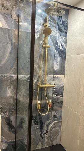 La salle de bains est pourvue d'une douche et d'une peinture murale. dans l'établissement Studio NICE CENTRE sur Avenue Jean Medecin MER à 8 minutes de marche, à Nice