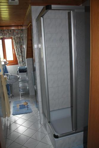 a shower stall in a bathroom with a sink at Lassacher Biobauernhof in Mariapfarr