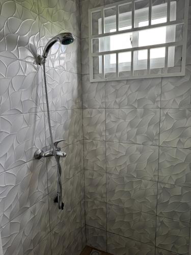 a shower with a glass door in a bathroom at Garnizoenspad appartementen in Baskamp