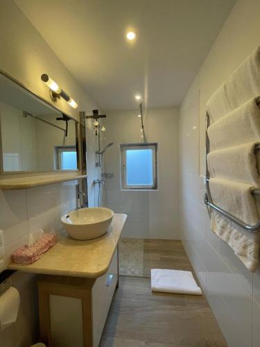 un baño con lavabo y espejo en Süßes Haus mitten in Altaussee, en Puchen