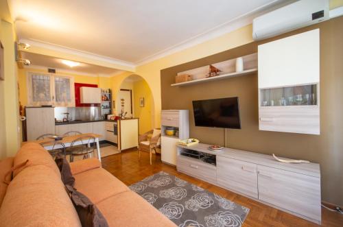 un salon avec un canapé et une télévision dans l'établissement Joli 2 pièces climatisé à 150m de la plage, à Nice