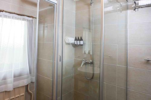 a shower with a glass door in a bathroom at Hotel Le Charme in San Carlos de Bariloche
