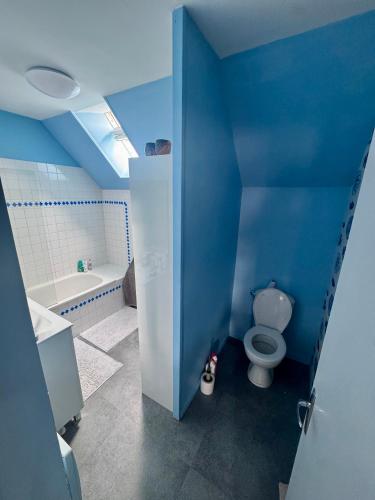 La salle de bains bleue est pourvue de toilettes et d'une baignoire. dans l'établissement Appartement T3 centre ville 5mn du tramway, au Mans