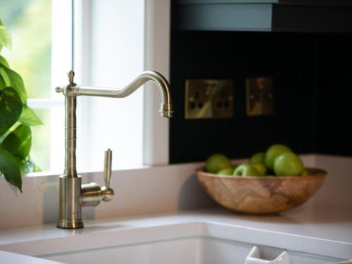 a kitchen sink with a bowl of apples next to a window at The Forest at Mount Congreve Gardens in Kilmeaden