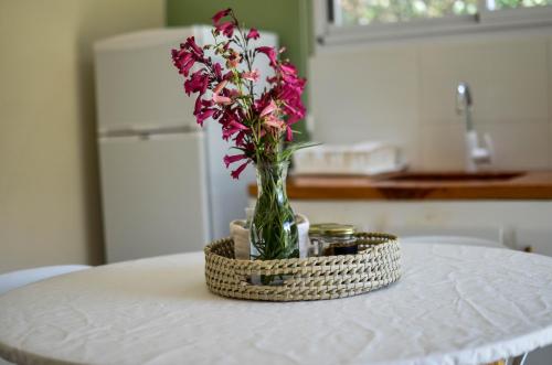 a vase with pink flowers sitting on a table at Entre Las Sierras Tiny House Solo Adultos in Villa Giardino