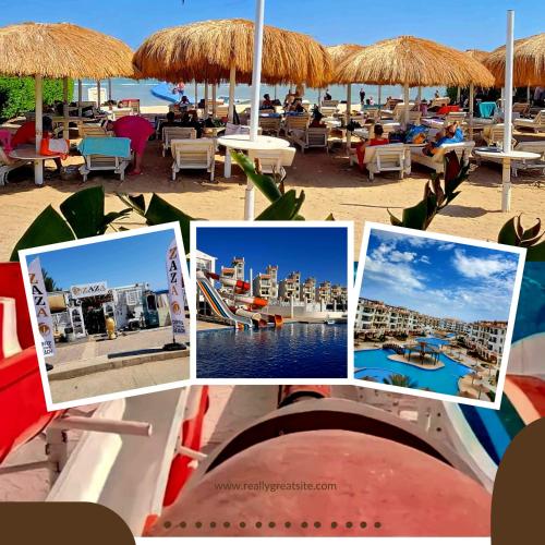 a collage of pictures of a beach with tables and chairs at Luxury Sharm Hills Resort in Sharm El Sheikh