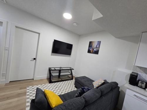 a living room with a couch and a flat screen tv at Amazing 2-bedroom house with WiFi in Edmonton in Edmonton