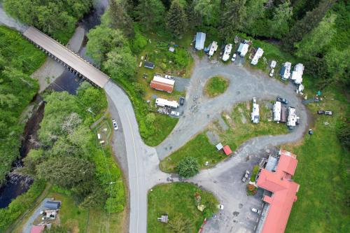 an overhead view of a road with a curve at Pioneer Inn by the River in Port Hardy