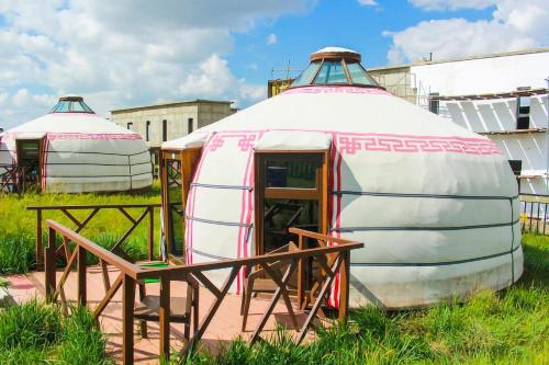a couple of yaks parked in a field at Numt Guren Resort in Ulaanbaatar