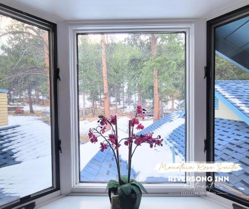 a flower in a vase sitting in a window at Riversong Inn Retreat in Estes Park
