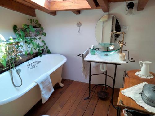 a bathroom with a tub and a sink and a mirror at A fenera in Dolcedo