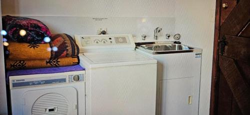 a kitchen with a washing machine and a sink at Rough Meadows - MTB Haven & Good Vibes Retreat in Rotorua