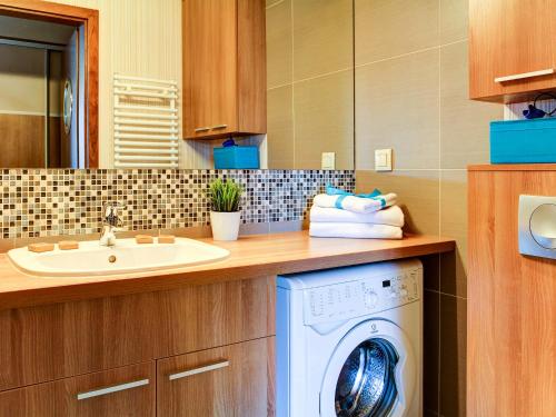 a bathroom with a washing machine and a sink at Marina Jastarnia Apartamenty in Jastarnia