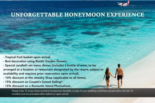 a poster of a couple walking on the beach at Reethi Faru Resort - Stay 5 Nights or more & Enjoy a Free Sunset Cruise in Raa Atoll