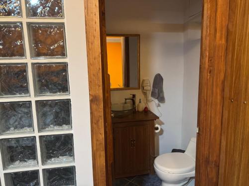 a bathroom with a toilet and a sink and a mirror at Entre Guaduales in Pereira