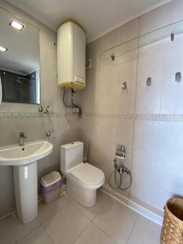 a bathroom with a toilet and a sink and a shower at Уютный дом на первой линии моря in Chornomorsk
