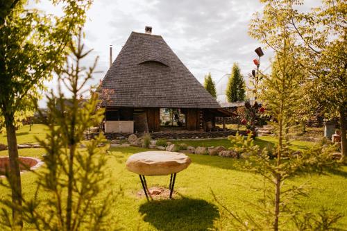 a house with a mushroom stool in front of it at Echoes of Vlădicu in Cluj-Napoca