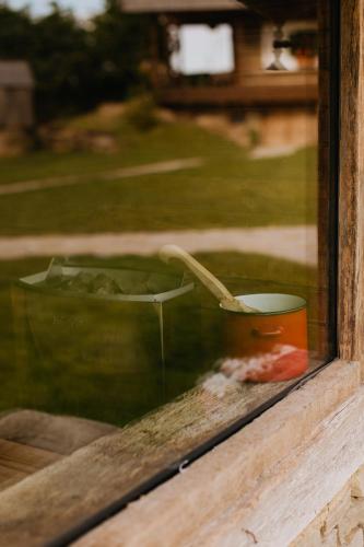 a window with a bucket and a brush in it at Echoes of Vlădicu in Cluj-Napoca