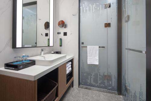 a bathroom with a sink and a shower at 北京传媒大学希尔顿欢朋酒店Hampton by Hilton Beijing Communication University in Beijing