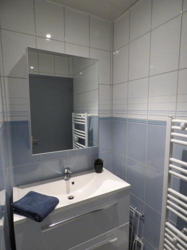 une salle de bain avec un lavabo et un miroir dans l'établissement Les Pieds dans l'Eau, studio terrasse face mer, à Fort-Mahon-Plage