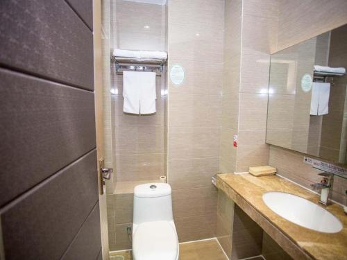 a small bathroom with a toilet and a sink at GreenTree Alliance Shenzhen Shekou Sea World Hotel in Shenzhen