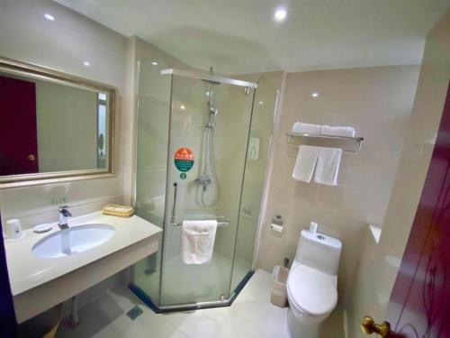 a bathroom with a shower and a sink and a toilet at GreenTree Inn Ganzhou Sankang Temple DaRunFa Express Hotel in Ganzhou