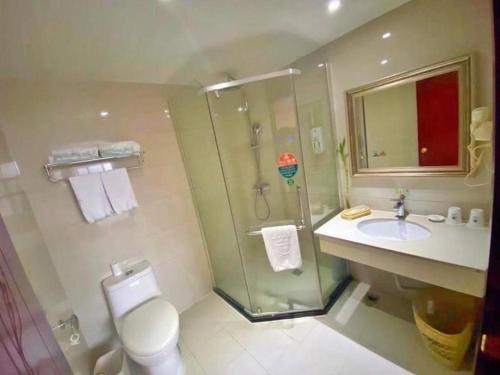 a bathroom with a shower and a toilet and a sink at GreenTree Inn Ganzhou Sankang Temple DaRunFa Express Hotel in Ganzhou