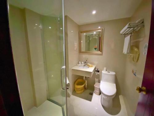 a bathroom with a shower and a toilet and a sink at GreenTree Inn Ganzhou Sankang Temple DaRunFa Express Hotel in Ganzhou