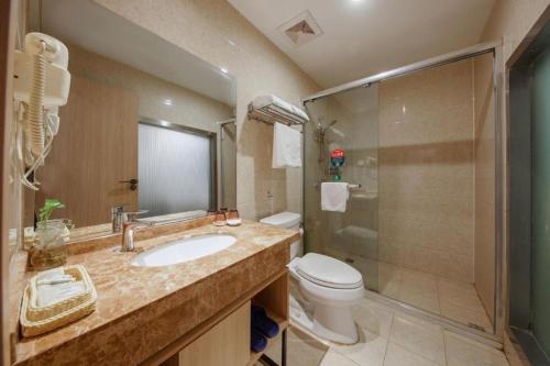 a bathroom with a toilet and a sink and a shower at GreenTree Inn Jiangsu Changzhou Henglin Town Shuntong Road Express Hotel in Changzhou