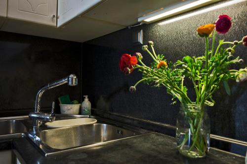 eine Küchenspüle mit einer Vase mit Blumen darin in der Unterkunft DL-Hospitality@Adrianou 7 in Athen