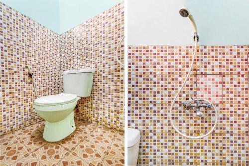 two pictures of a bathroom with a toilet and a shower at SPOT ON 91159 Kost Putrana Syariah in Bandung