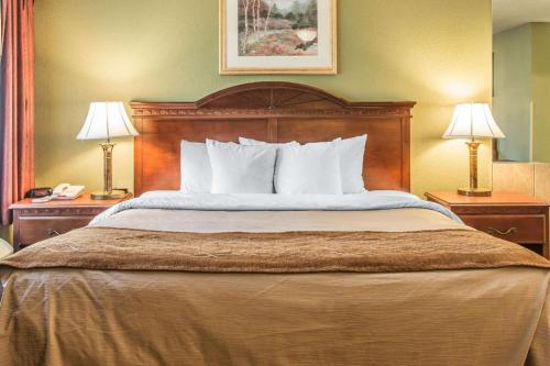 a bed in a hotel room with two lamps and a phone at Quality Inn & Suites Ann Arbor Hwy 23 in Ann Arbor