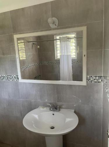 a bathroom with a sink and a mirror at Gold Nugget Hotel in Negril