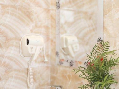 a bathroom with a phone next to a plant at Viet Village Hotel in Hanoi