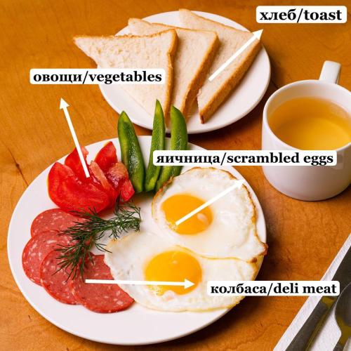 a plate of eggs and bread with vegetables and a cup of tea at ololoFreelander Hostel&Coworking in Bishkek