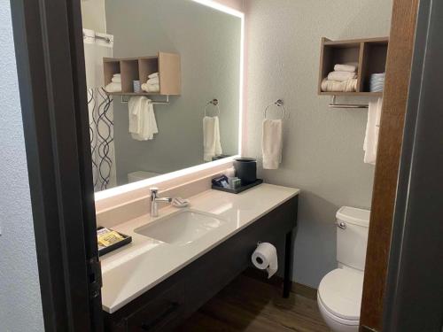 a bathroom with a sink and a toilet and a mirror at Best Western Lake Lucille Inn in Wasilla