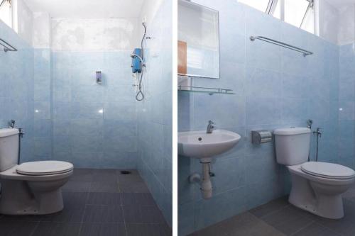 two pictures of a bathroom with a toilet and a sink at Super OYO 89930 Golden Guest House in Kampong Bukit Ubi