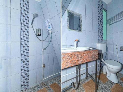 two pictures of a bathroom with a toilet and a sink at Dreamland Beach Holiday in Kudat