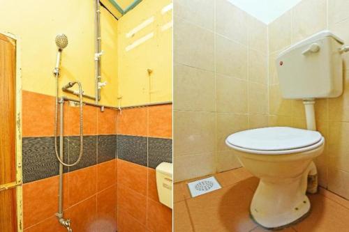 two pictures of a bathroom with a toilet and a shower at OYO 90315 Chalet Pantai Rantau Panjang in Kuala Rompin