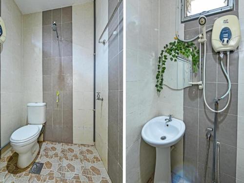 two pictures of a bathroom with a toilet and a sink at Hotel O Ummul Motel in Arau