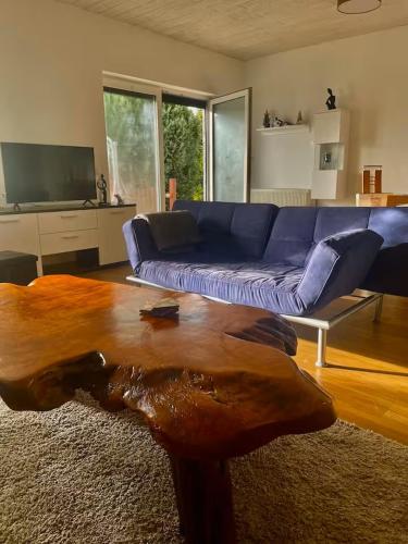 a living room with a blue couch and a wooden coffee table at Ferienhaus Harzseele in Elend
