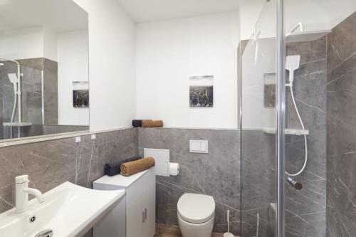 a bathroom with a shower and a toilet and a sink at Ferienquartier Forsthaus 2 in Bad Gottleuba
