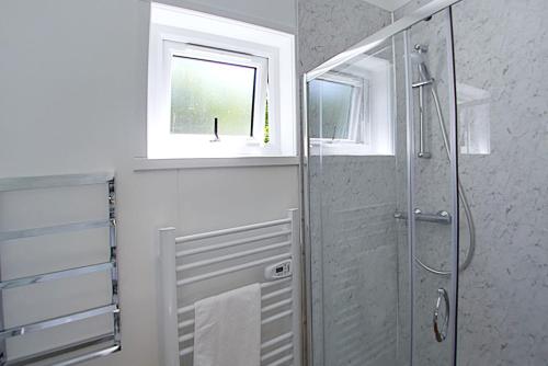 a bathroom with a shower and a window at Château Baffy in Colombiers-sur-Seulles