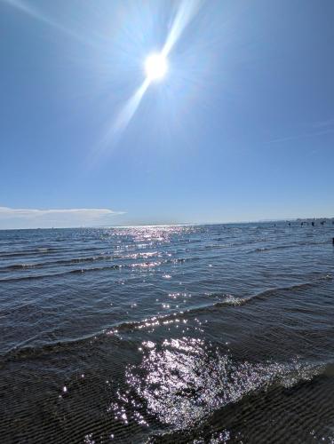 a sun shining over the water on a beach at Les Spas de la mer, Appart&Spa Canopée, 100m de la plage, Love Room in Le Grau-du-Roi