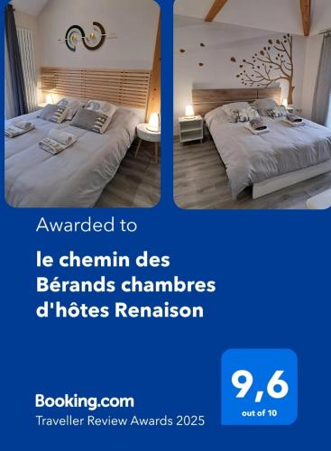 two pictures of a hotel room with two beds at le chemin des Bérands chambres d'hôtes Renaison in Renaison