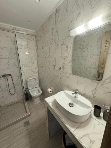 a bathroom with a sink and a shower and a toilet at Ethereal apartment in Afytos in Afitos